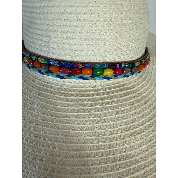 Jacobson Hats Ivory Wide Brim Straw Sun Hat Colorful Beaded Band Cruise Vacation - Picture 11 of 11